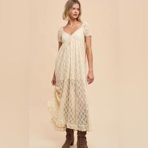 Alaria Ivory Sweetheart Allover Lace Smocked Babydoll Maxi Dress